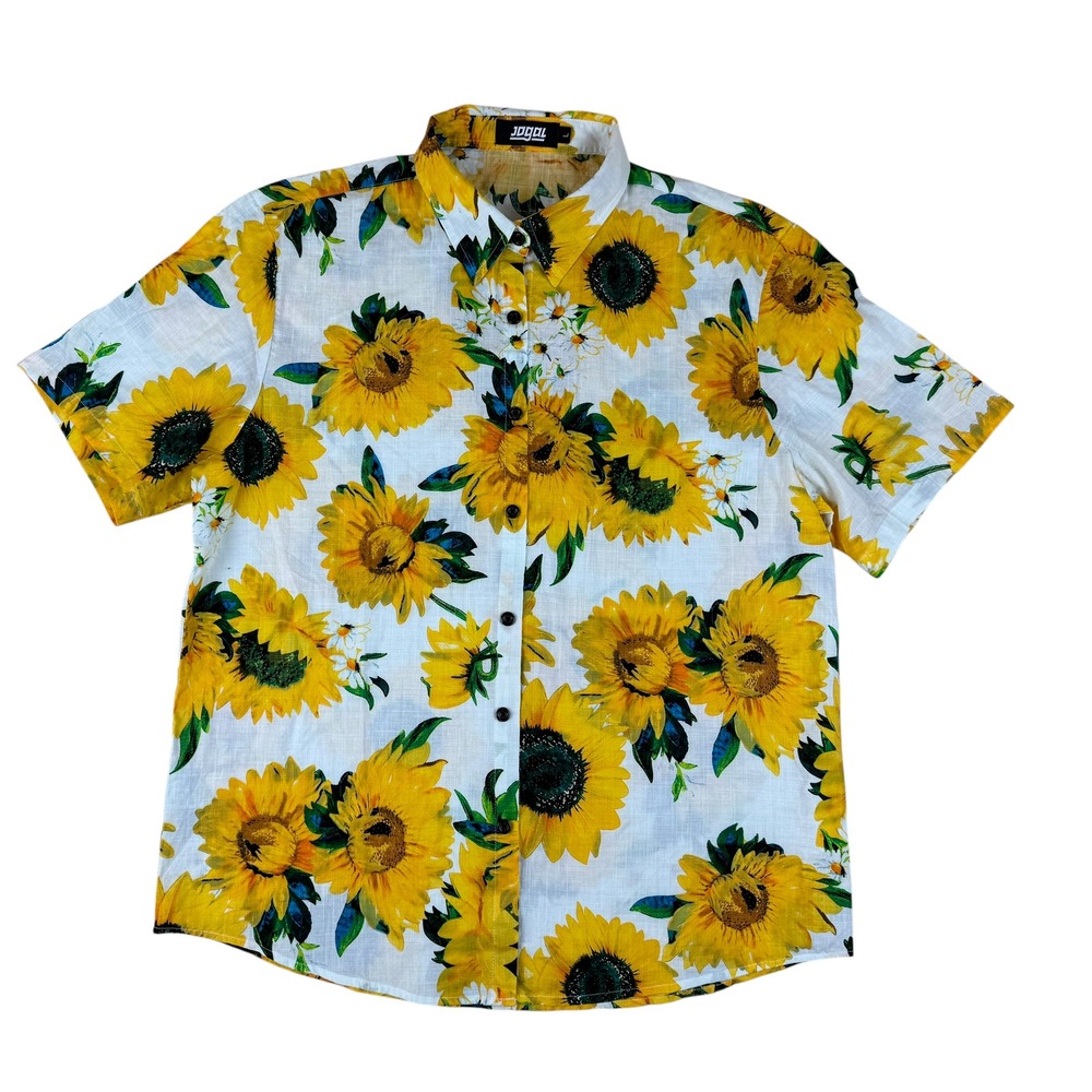 JOGAL Large Shirt Sunflower Print Cotton Blend Short Sleeve Button Down